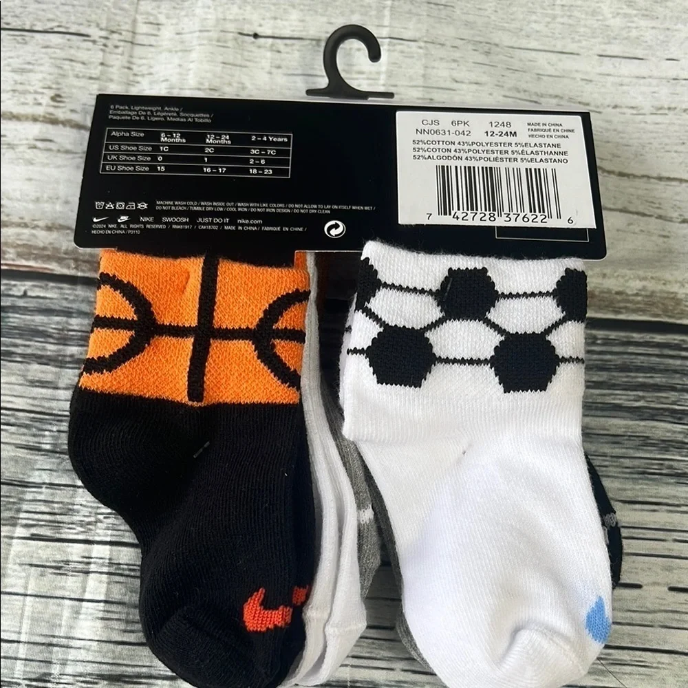 Nike kids’ Ankle Unisex Sport Socks - 6 pack Black, Gray, White,  Sz 12-24m